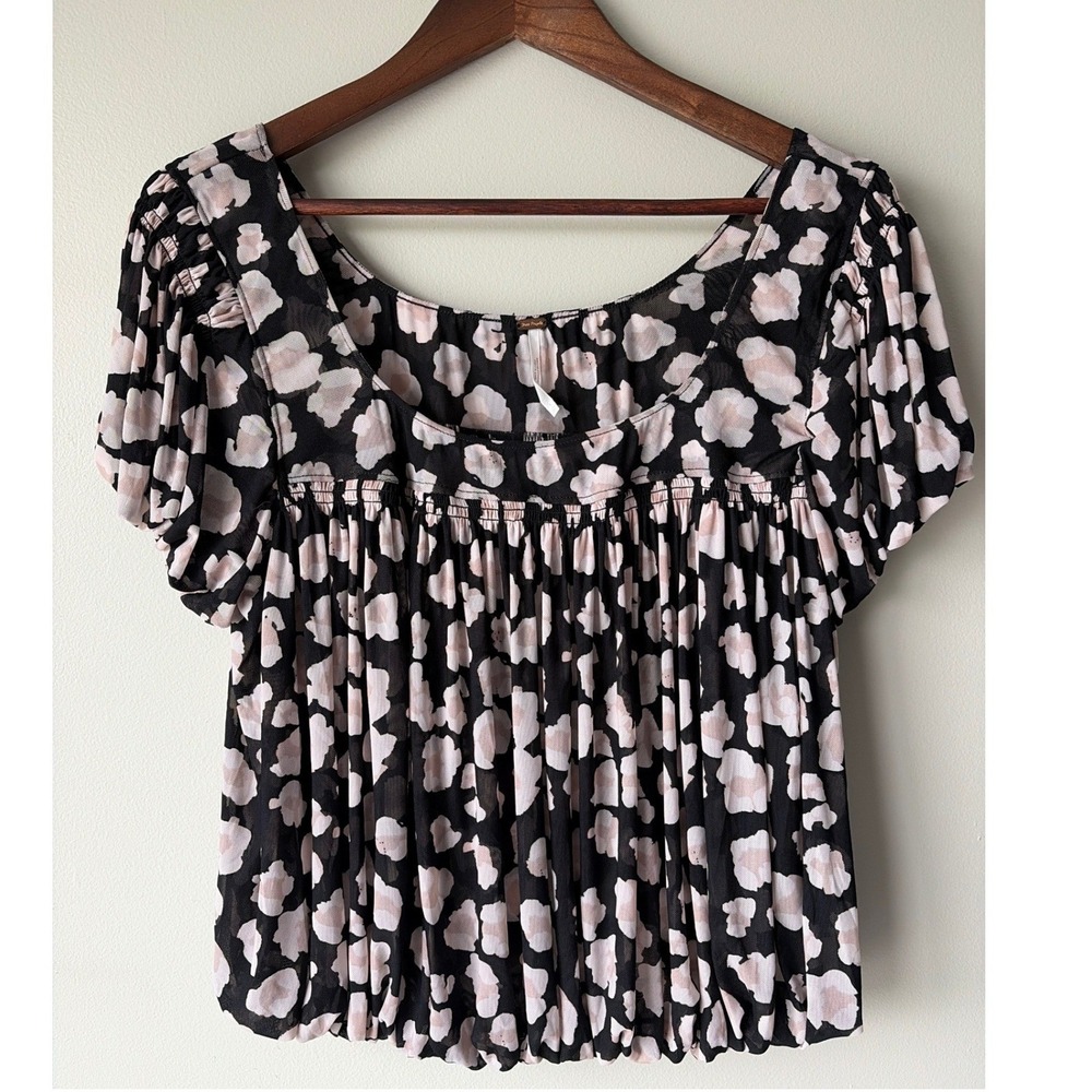 Free People Womens Meg's Blouse Mesh Cropped Puff Sleeve‎ Top M